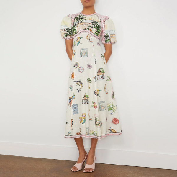 Elegant Blended Printed Puff Sleeve Midi Dress 9