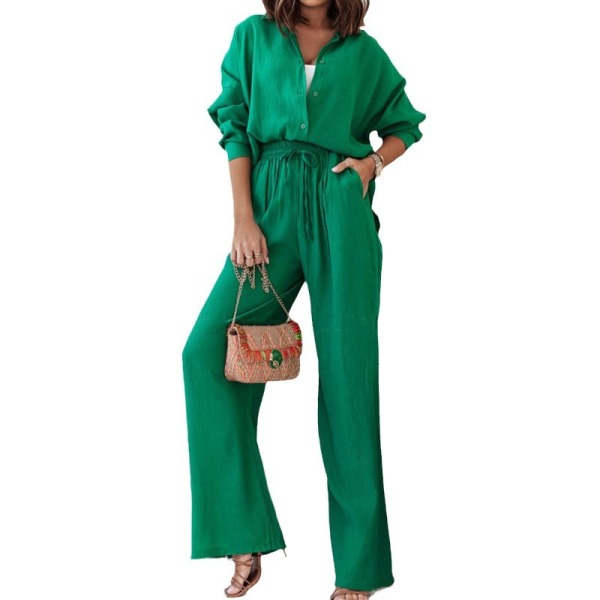 Half-open collar shirt and wide-leg pants two-piece suit 40