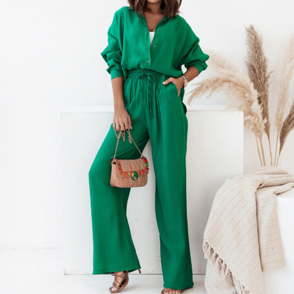 Half-open collar shirt and wide-leg pants two-piece suit 40