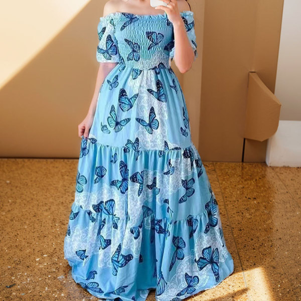 One-shoulder fashionable printed off-shoulder long dress 5