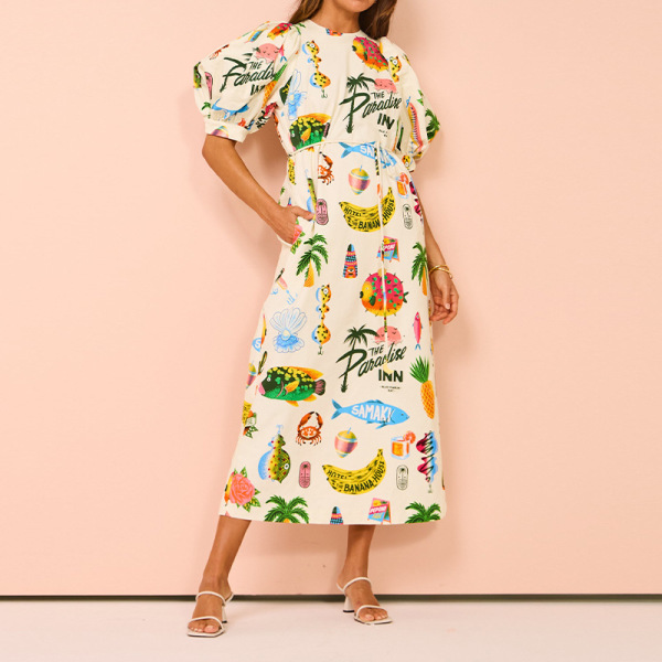 Printed Puff Sleeve Pocket Belted Midi Dress 7