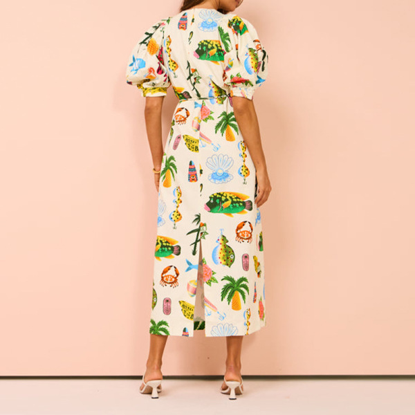 Printed Puff Sleeve Pocket Belted Midi Dress 7