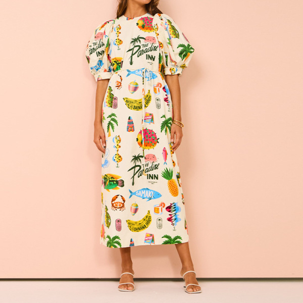 Printed Puff Sleeve Pocket Belted Midi Dress 7