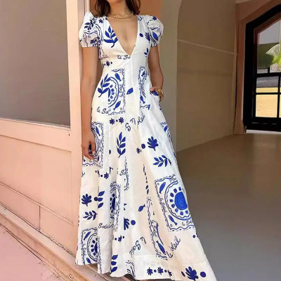 Printed V-neck puff sleeve long dress 35