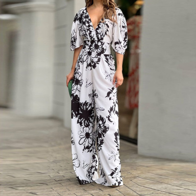 V-neck printed bat sleeve high waist jumpsuit 22