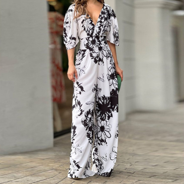 V-neck printed bat sleeve high waist jumpsuit 22