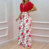 V-neck printed wide-leg pants fashionable casual suit 42