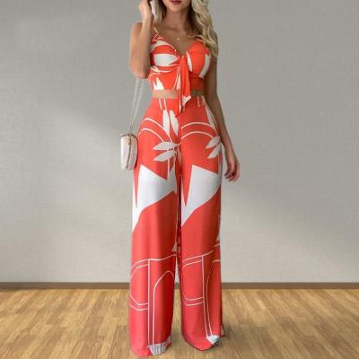 V-neck vest high waist printed wide leg pants casual suit 45