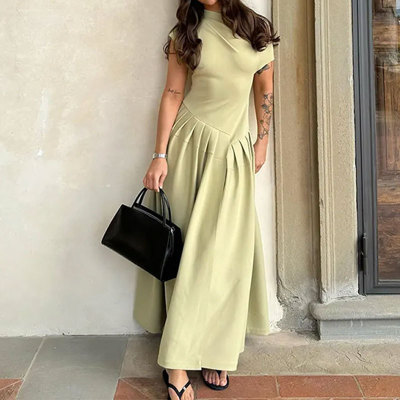 High waist solid color long short sleeve dress 50