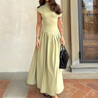 High waist solid color long short sleeve dress 50