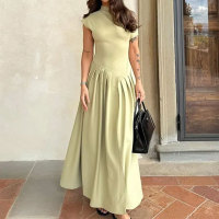 High waist solid color long short sleeve dress 50