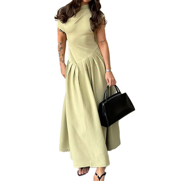 High waist solid color long short sleeve dress 50