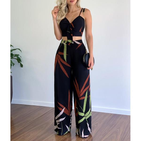 V-neck vest high waist wide leg pants casual suit 46