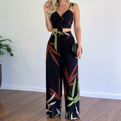 V-neck vest high waist wide leg pants casual suit 46